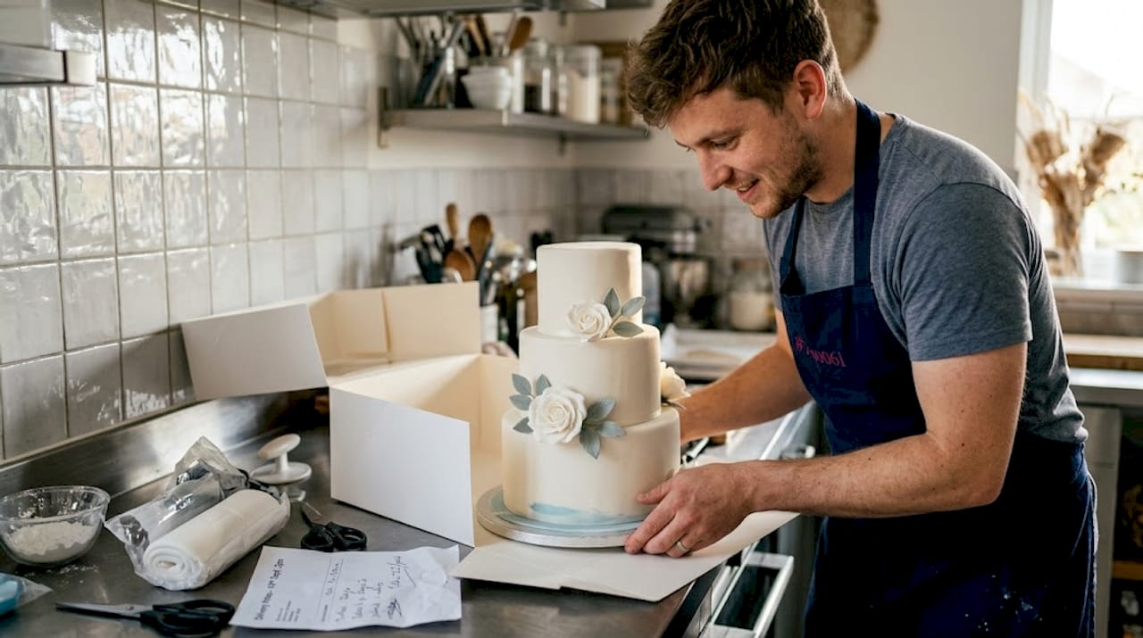 Baker placing fondant cake in cake box