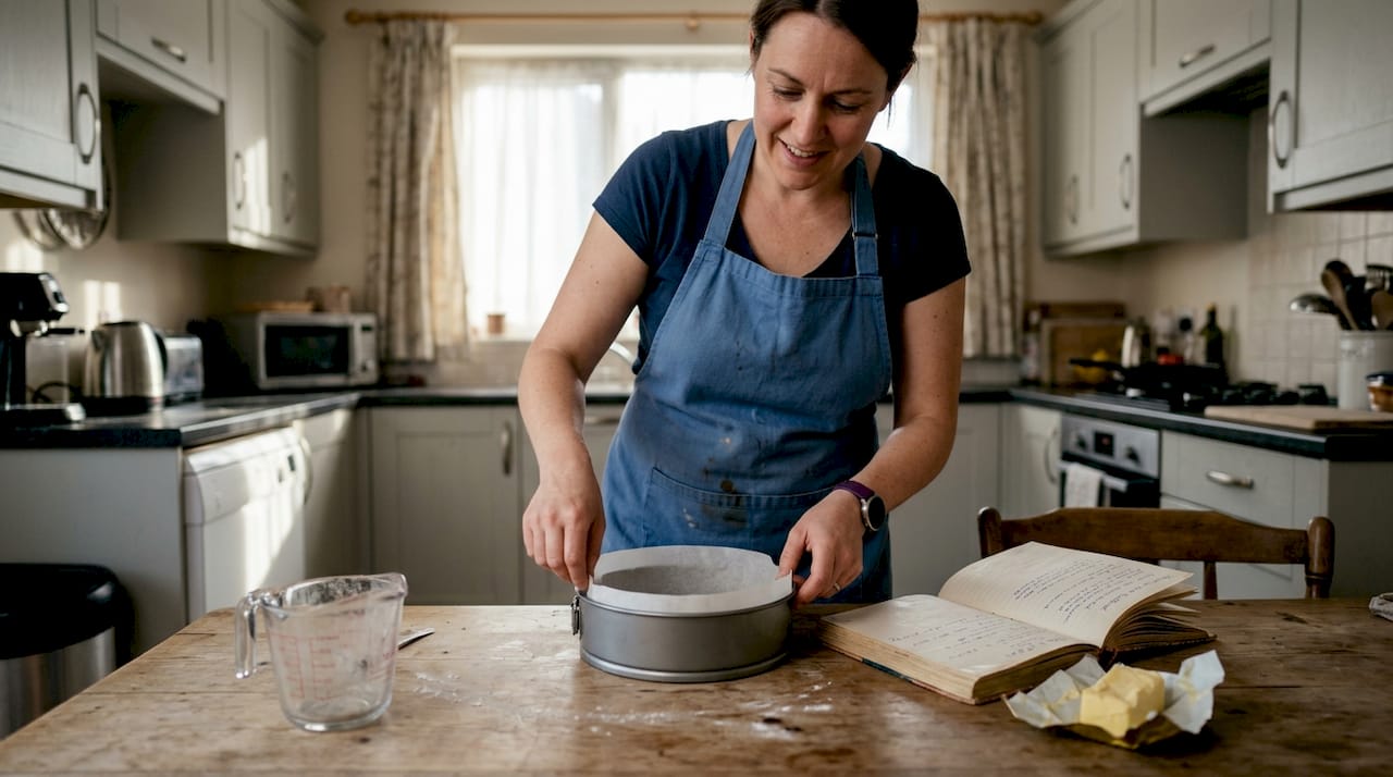 Baker lining cake tin with parchment