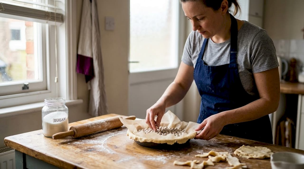 Baker using beads to blind-bake pastry
