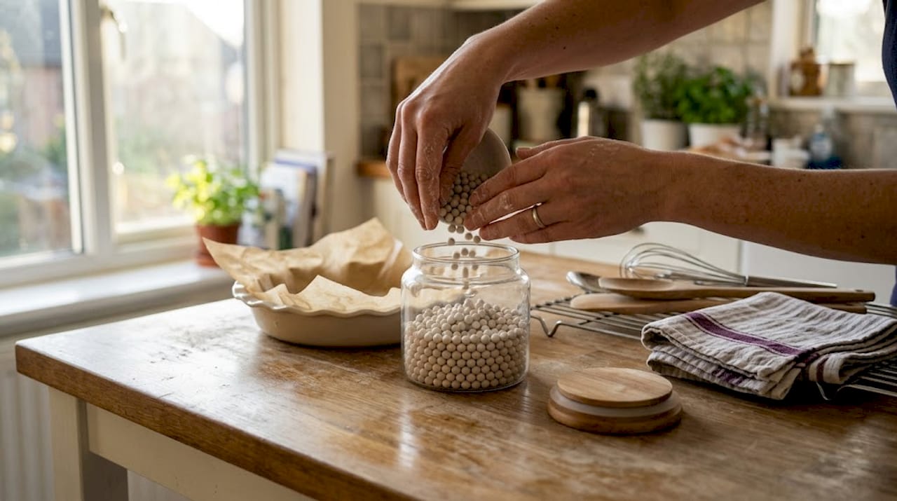 Pouring cooled baking beads into storage jar