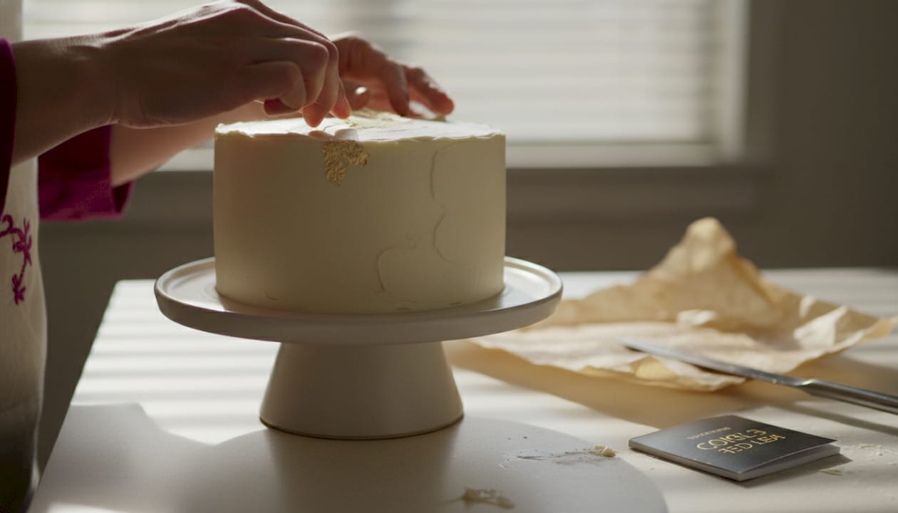 Close-up hands adding gold leaf to cake