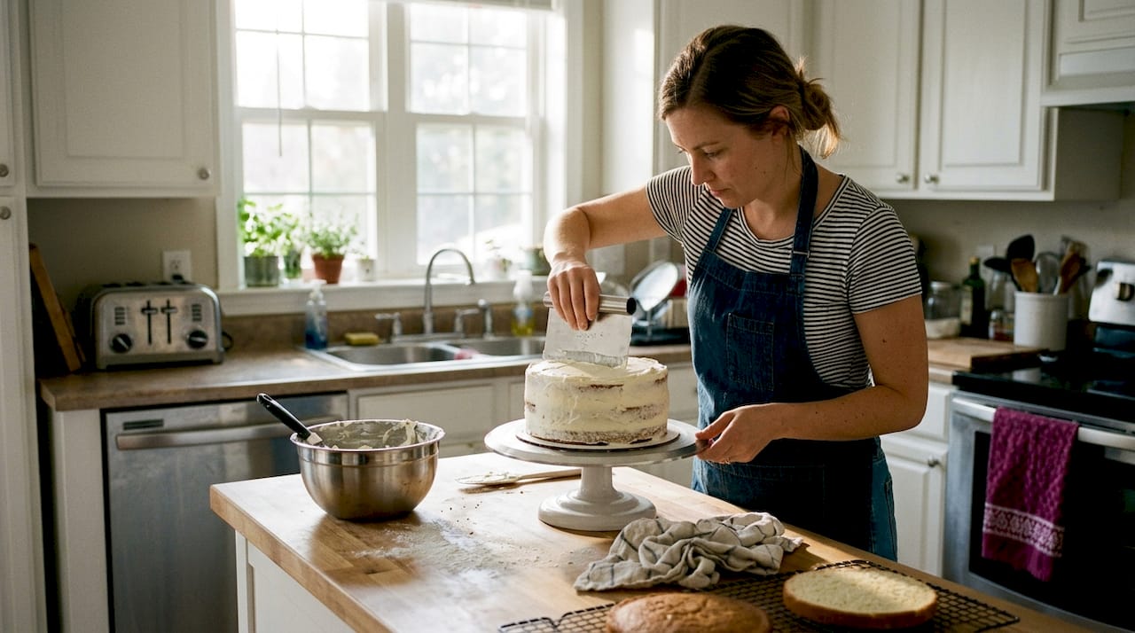 Person smoothing cake in home kitchen