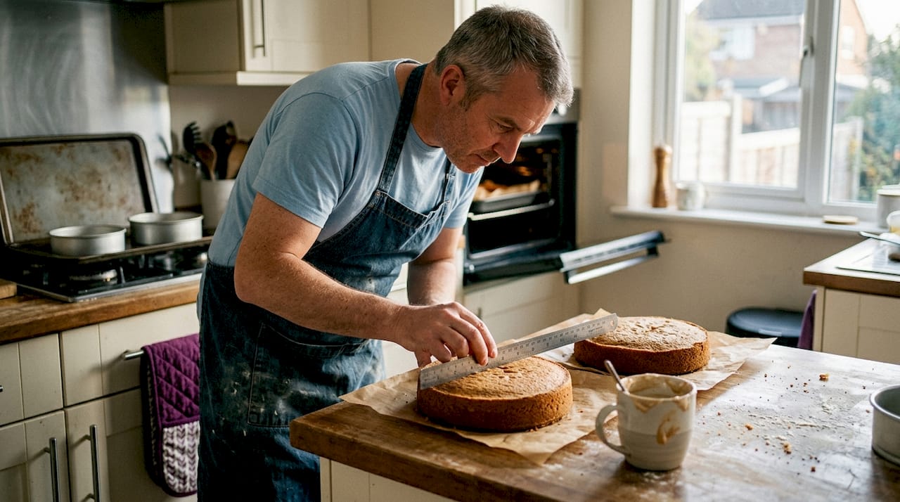 Baker checking cake layers for levelness