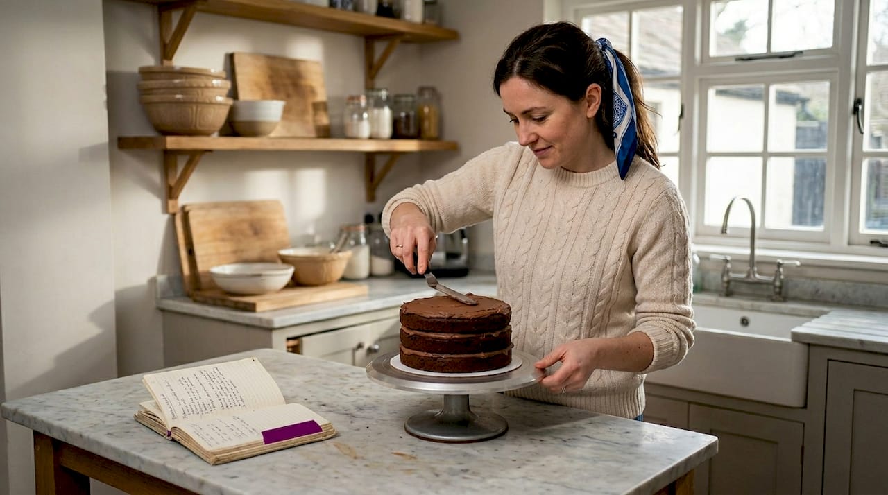 Baker smoothing cake frosting in kitchen