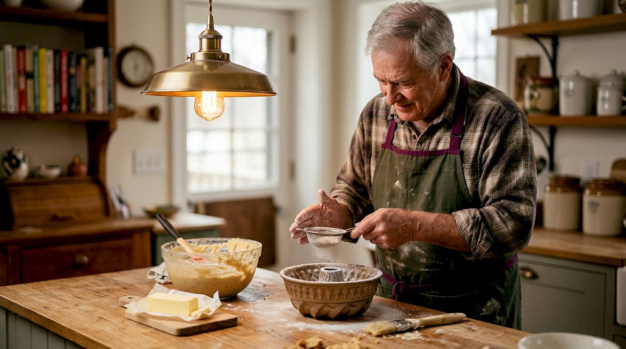 Dusting flour in Bundt pan in kitchen
