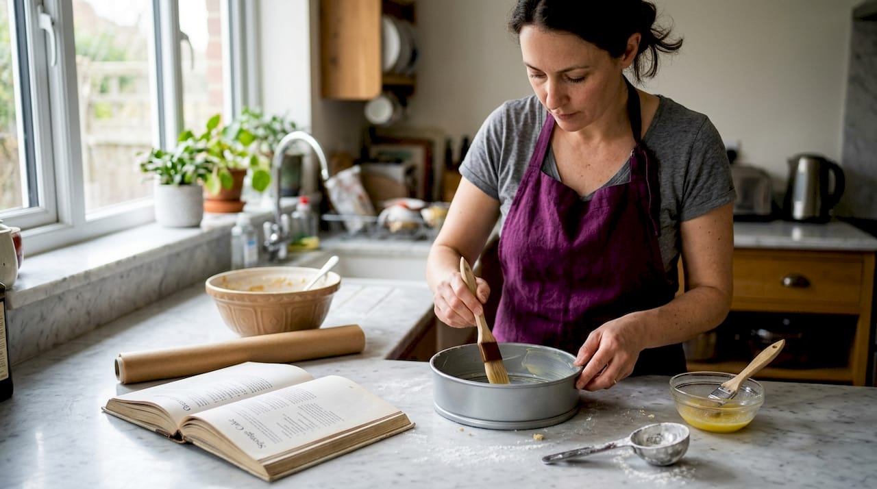 Baker greasing cake tin at kitchen counter