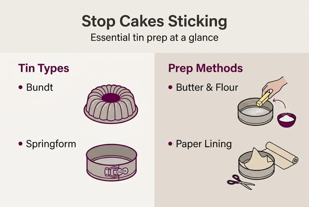 Infographic showing cake tin types and prep methods