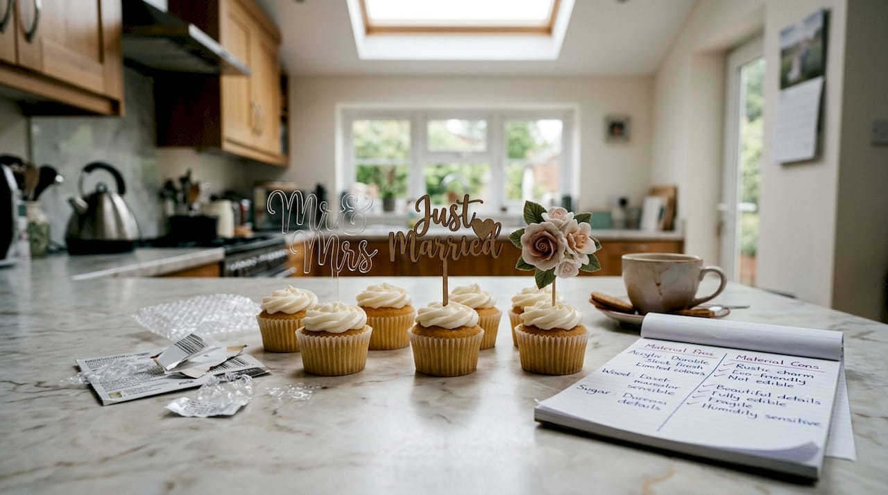 Various cake topper materials on display
