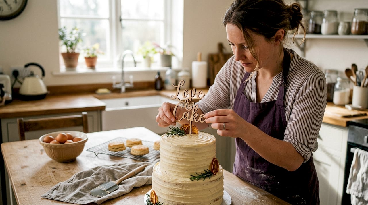 Baker adding wooden topper to cake
