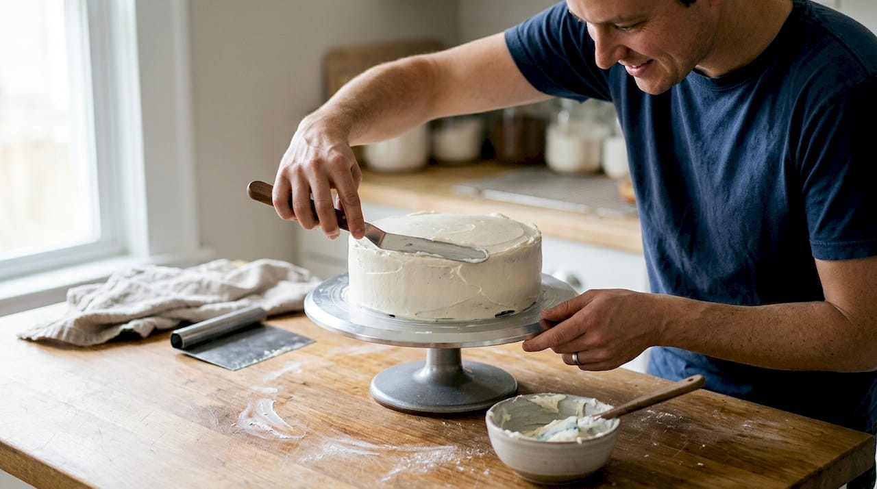 Smoothing buttercream layer on cake