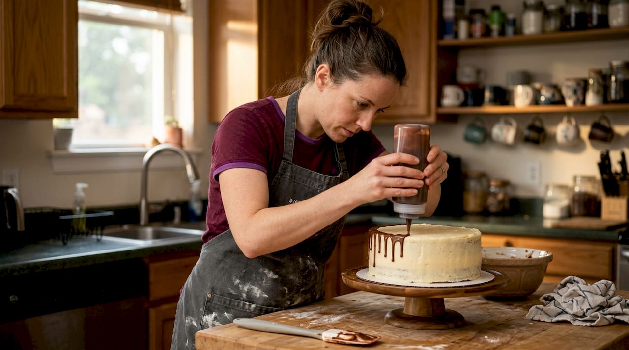 Home baker drizzling ganache onto cake