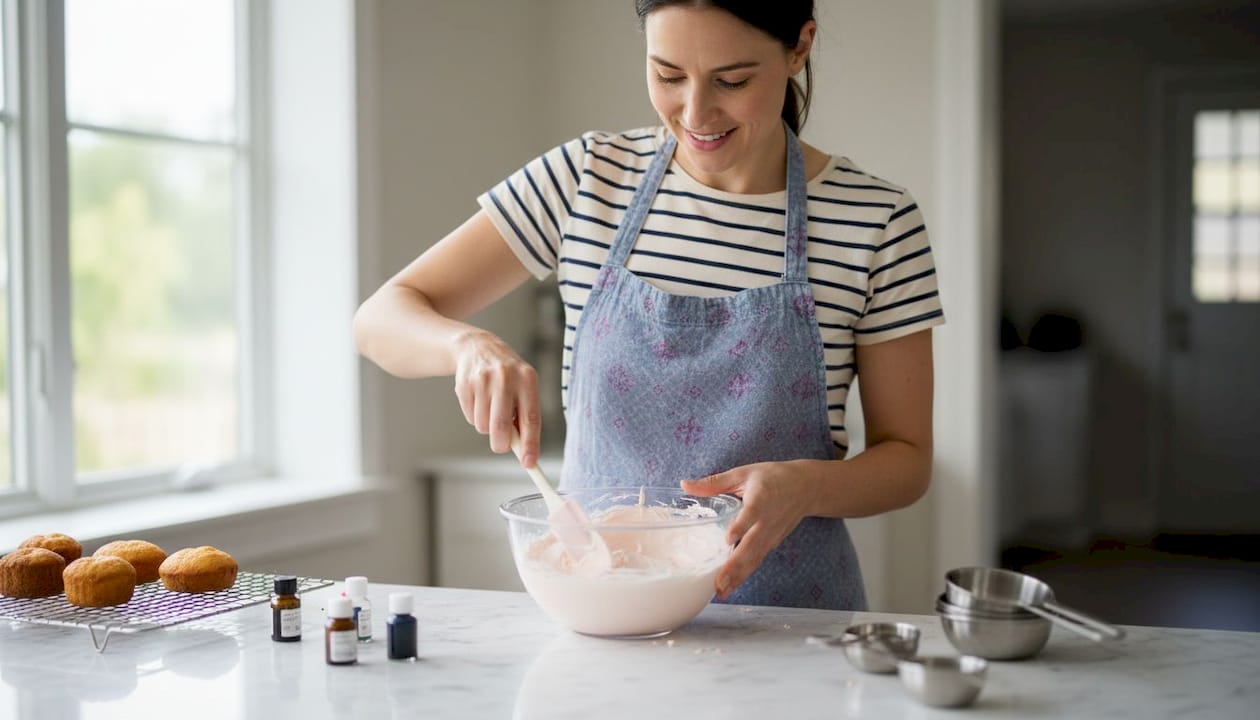Home baker gently colouring buttercream