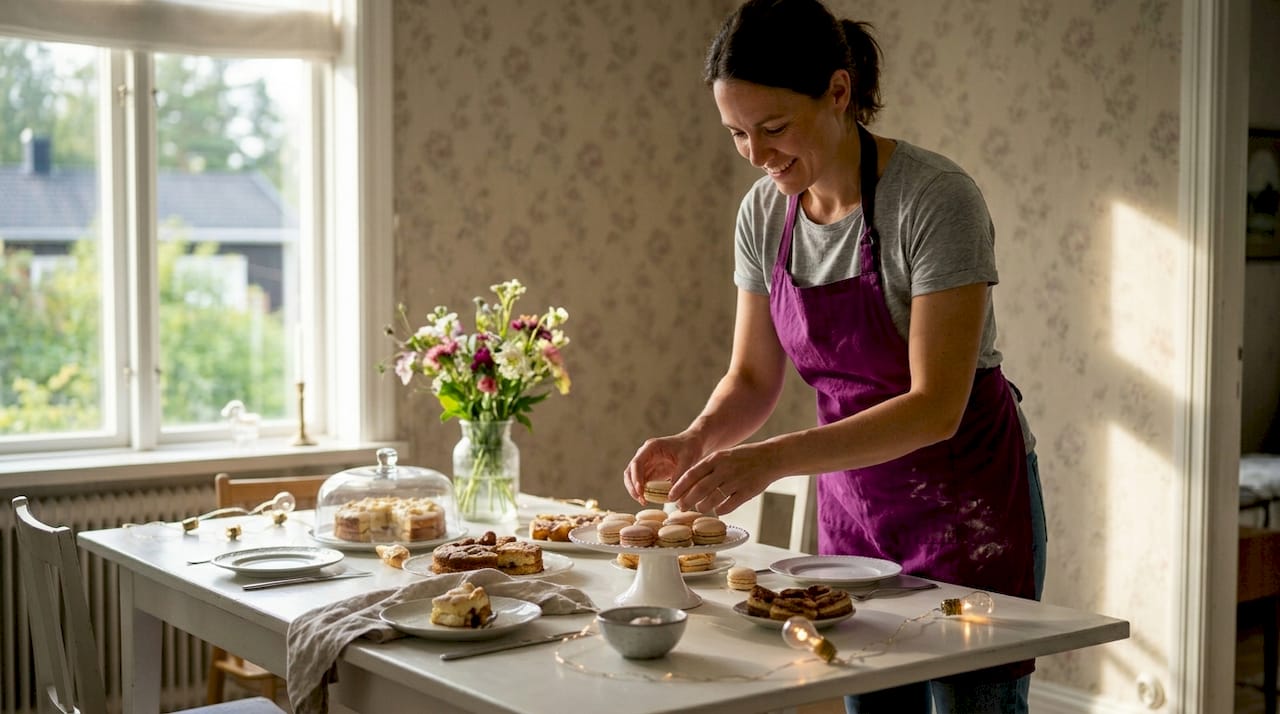 Woman arranging vibrant dessert table at home