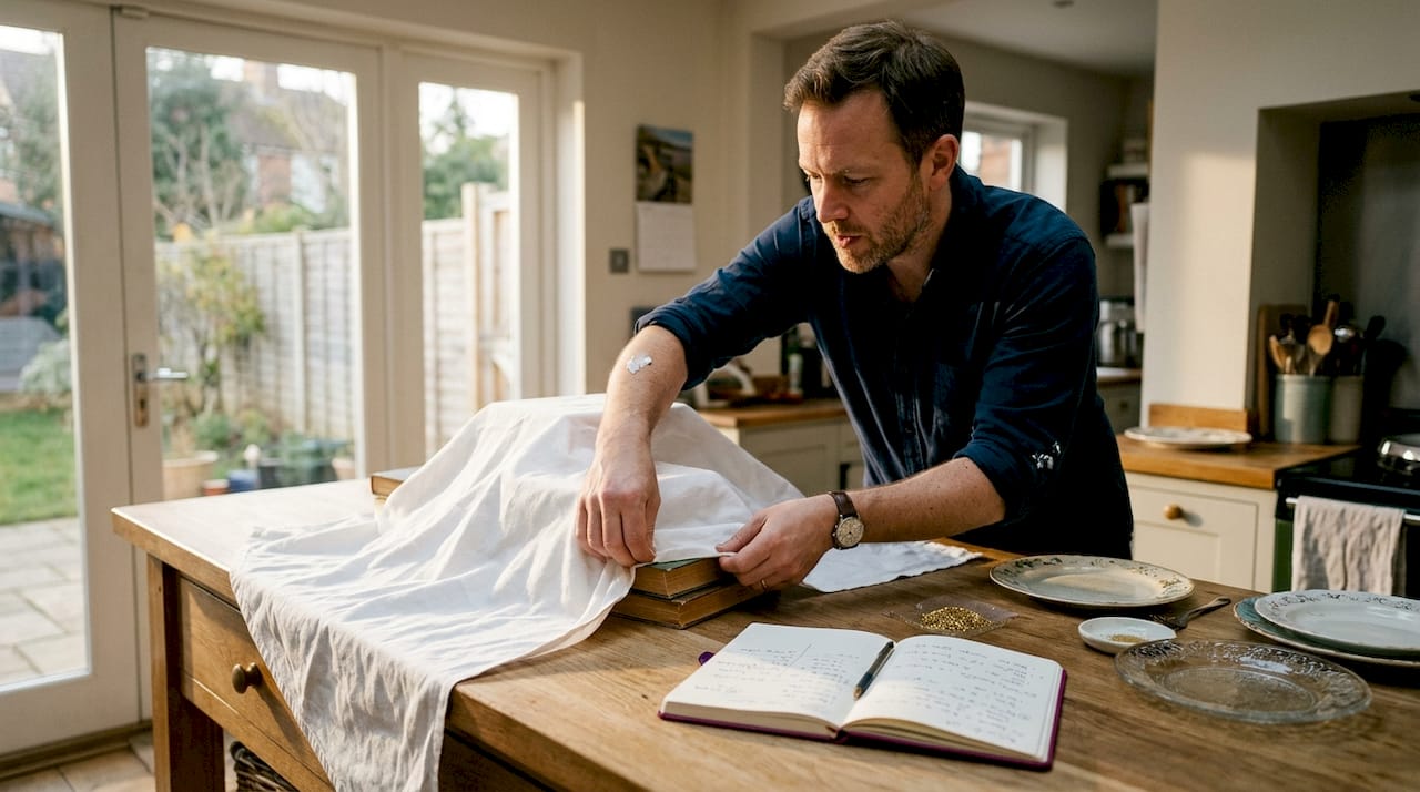 Man setting up dessert table base with risers