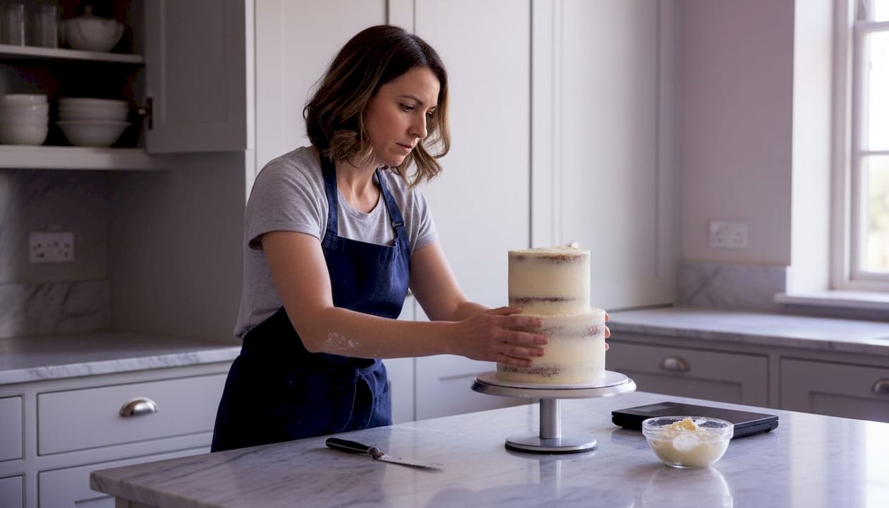 Baker assembling tall cake layers in kitchen