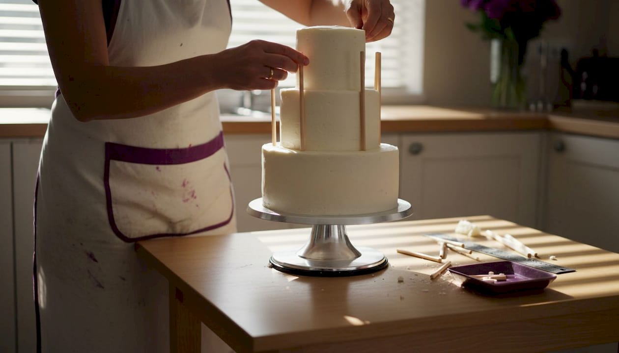 Hands inserting dowels into cake layers