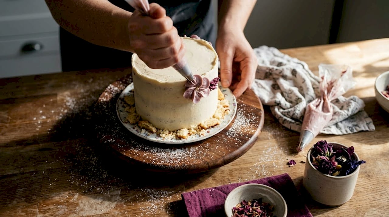 Hands piping natural buttercream flowers on cake