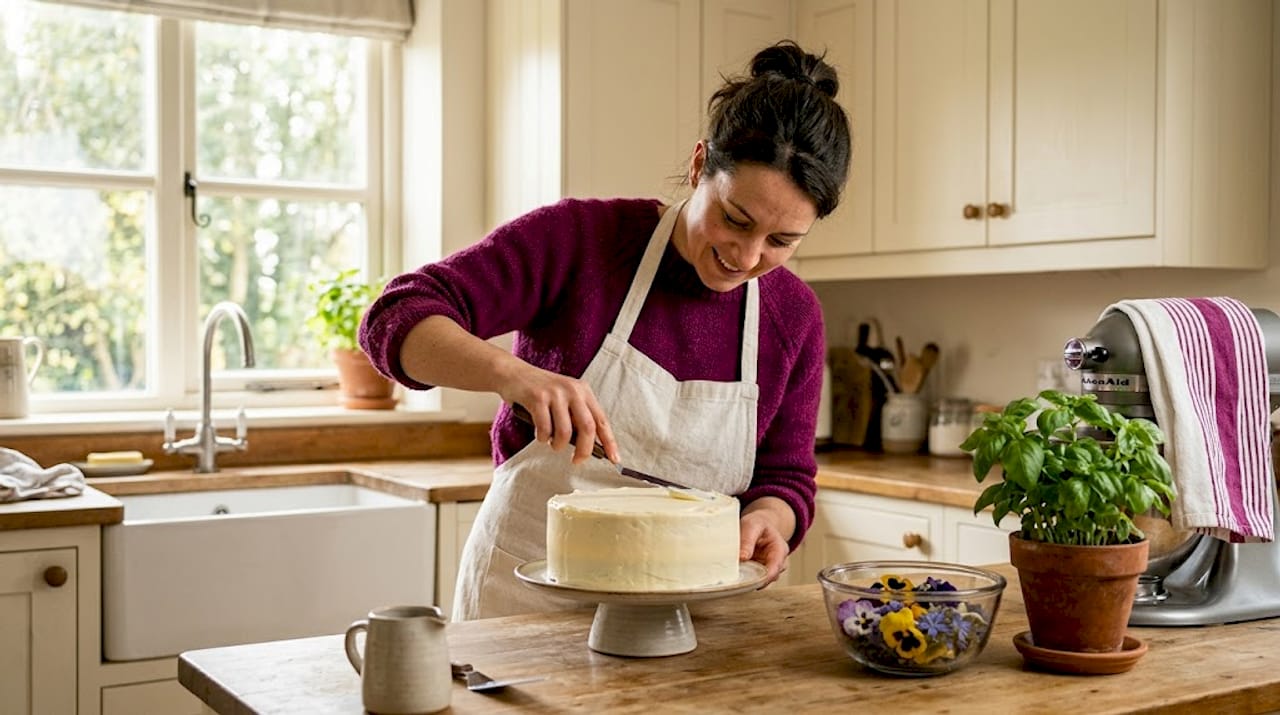 Decorating floral cake in natural home kitchen