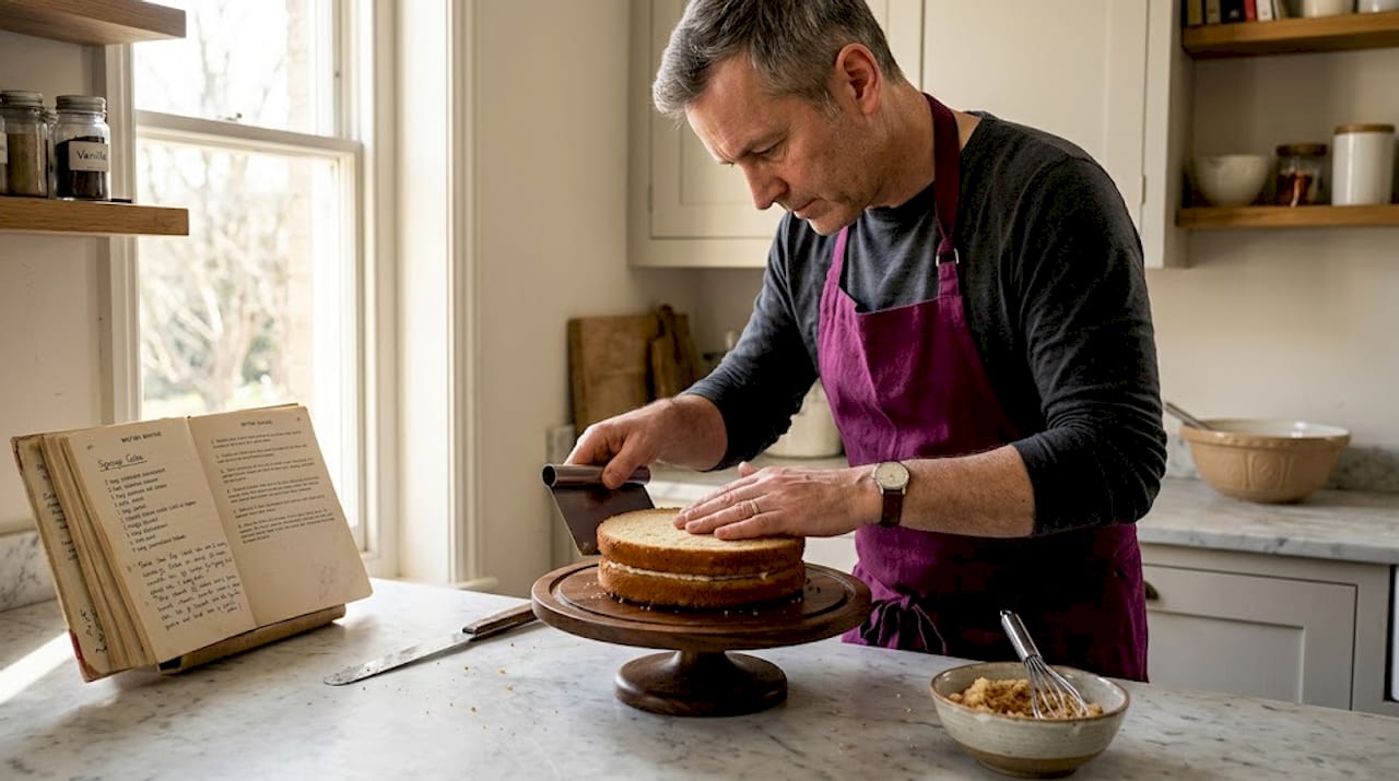 Hands stacking leveled cake layers