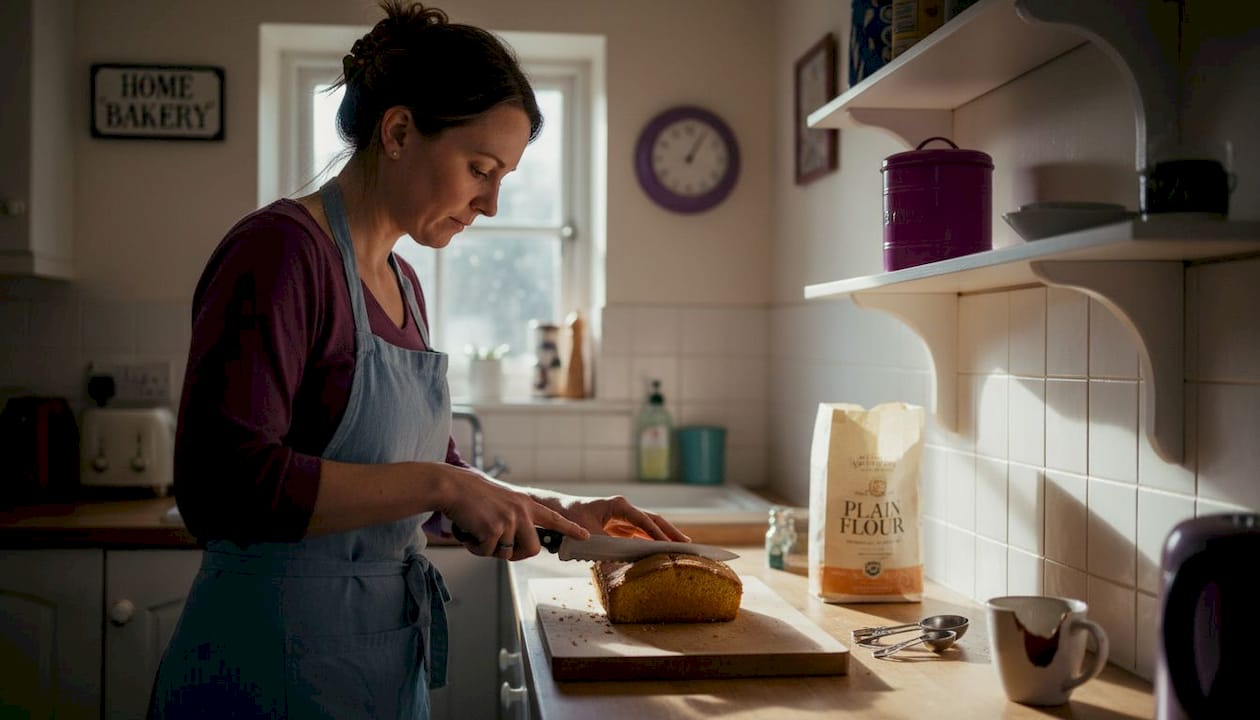 Woman leveling cake in home kitchen