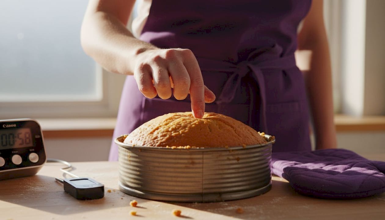 Hand gently pressing cake top to test doneness