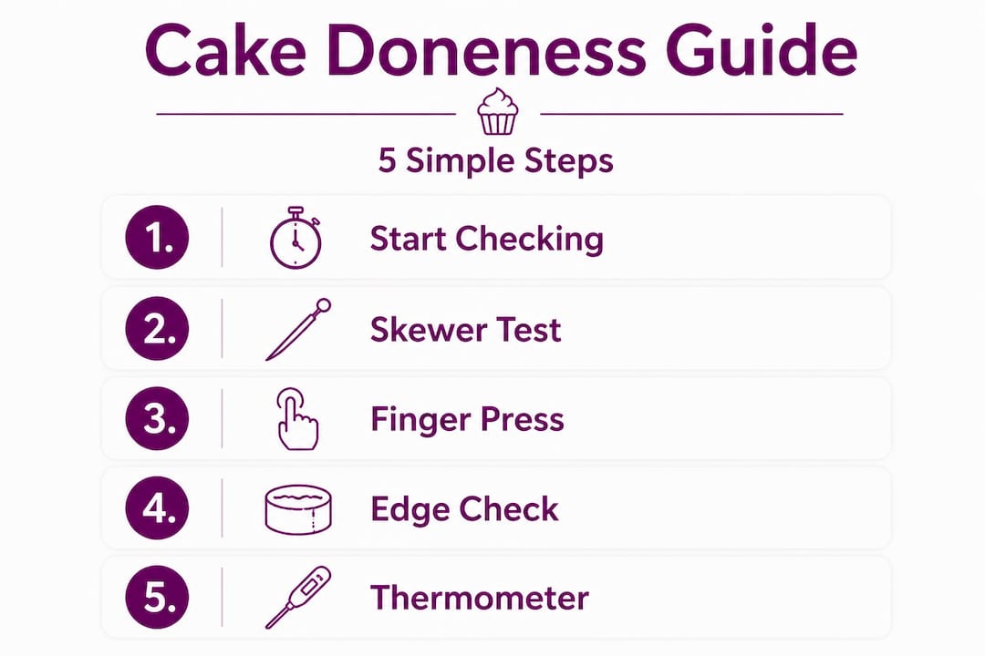 Infographic showing five steps for cake doneness checks