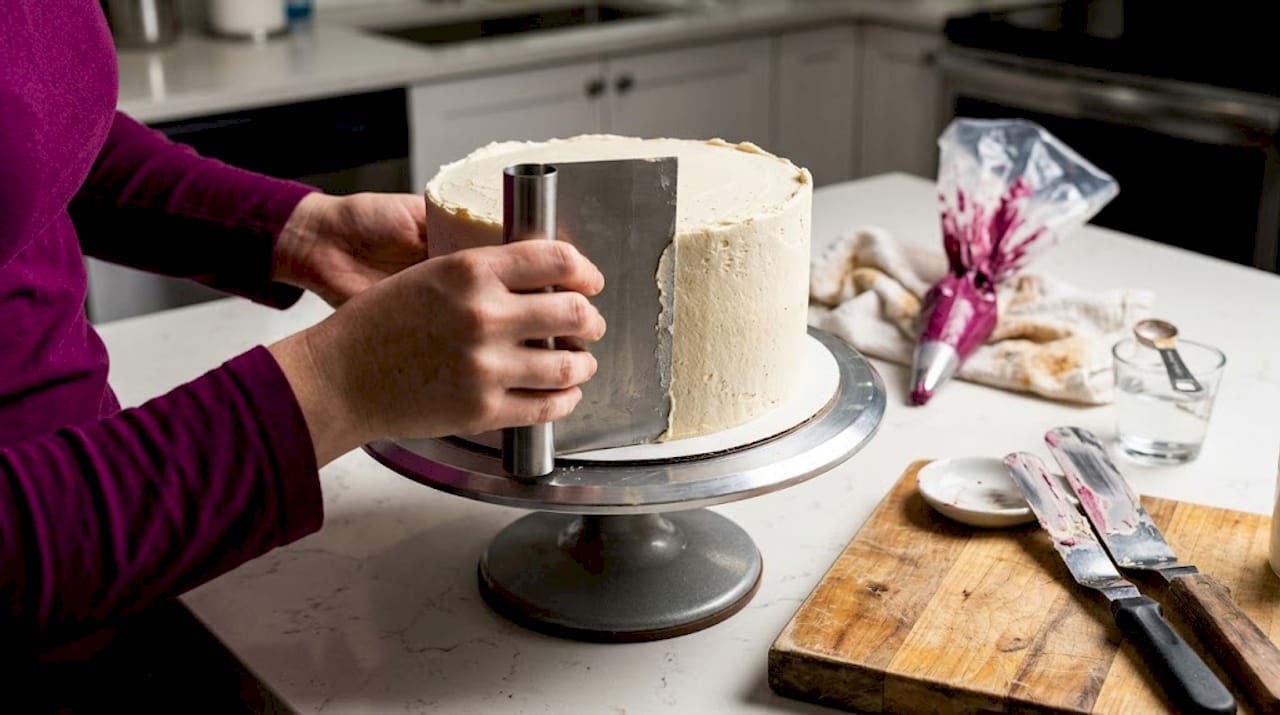 Hands using scraper on buttercream cake