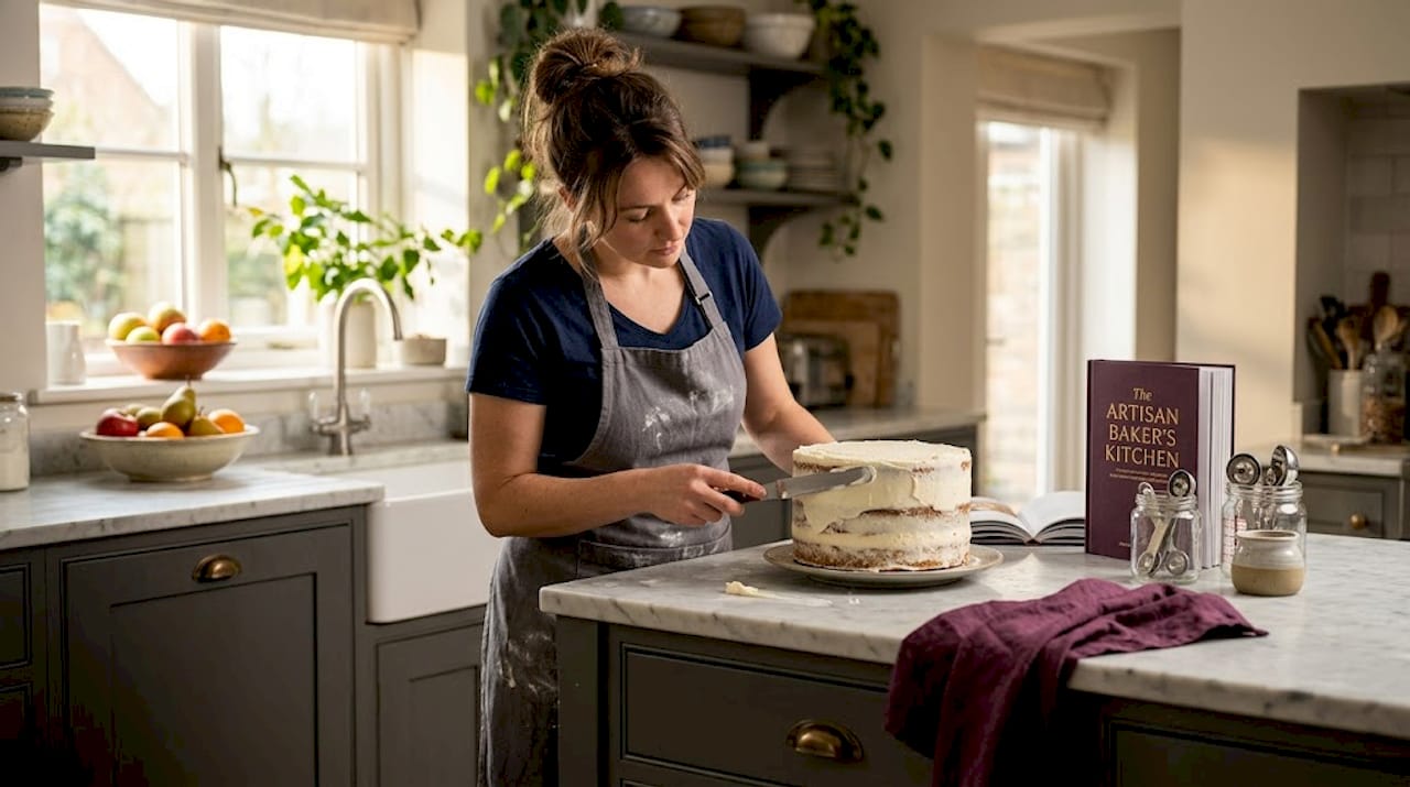 Baker adding texture to buttercream cake
