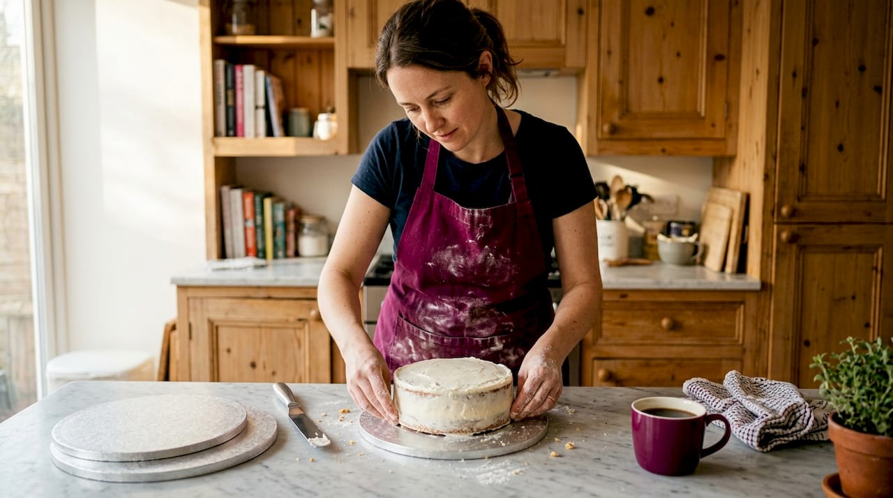 Baker adjusting cake on silver drum