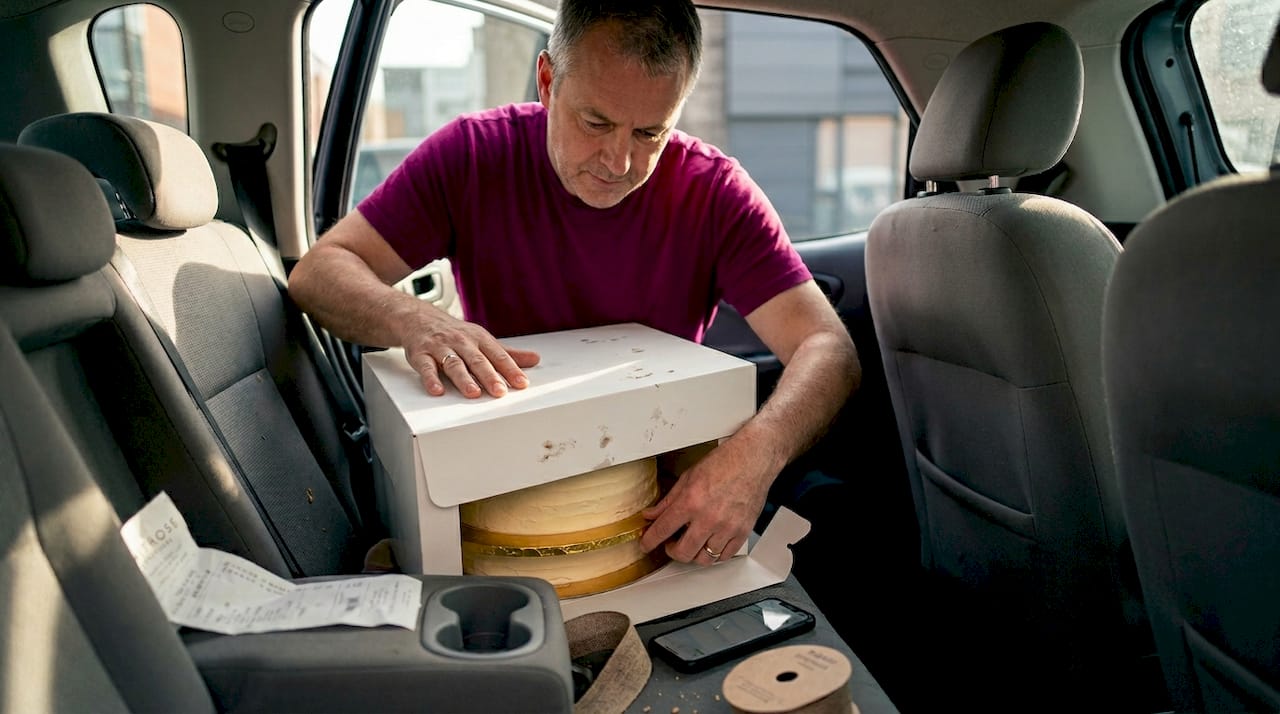 Man placing boxed cake for transport