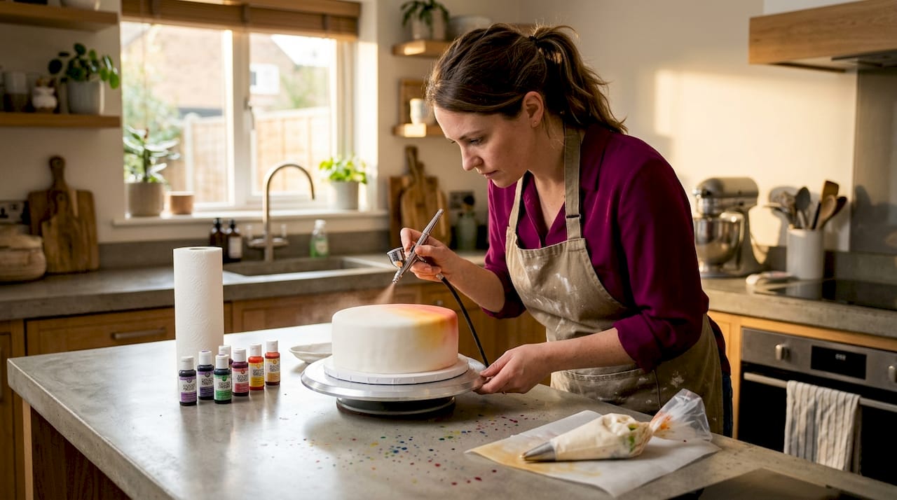 Woman airbrushing fondant cake in kitchen