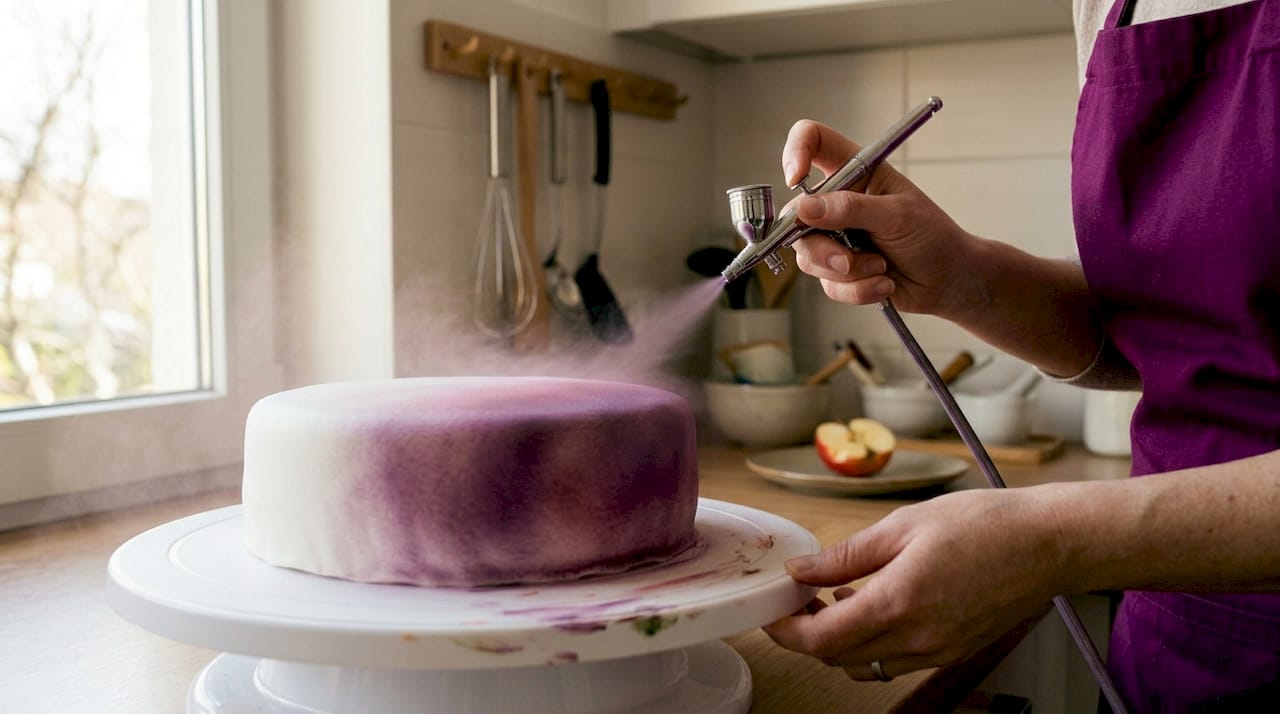 Hands airbrushing fondant-covered cake