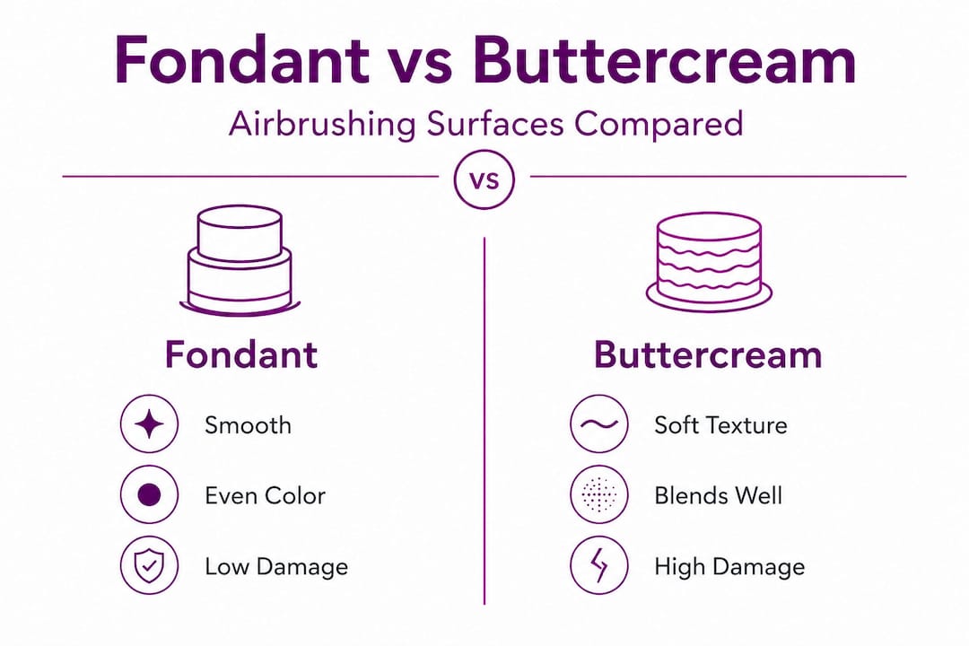 Infographic comparing fondant versus buttercream for airbrushing