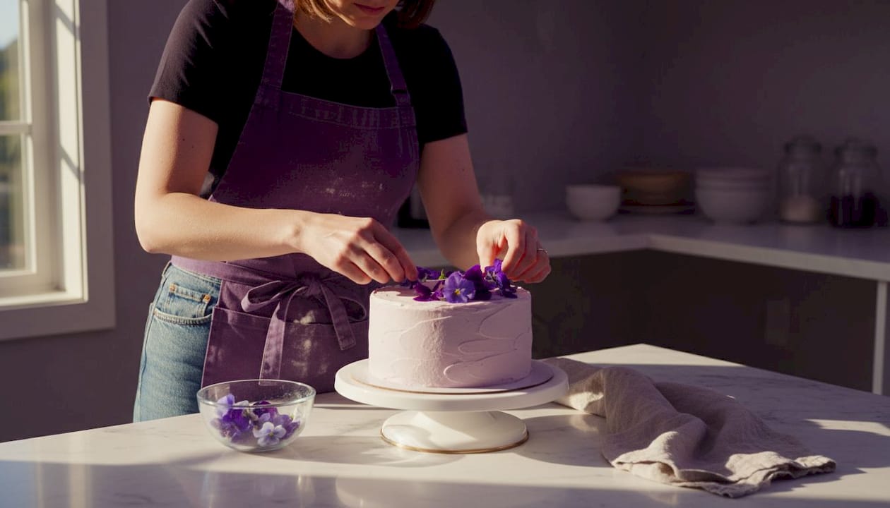Baker arranging edible flowers on cake