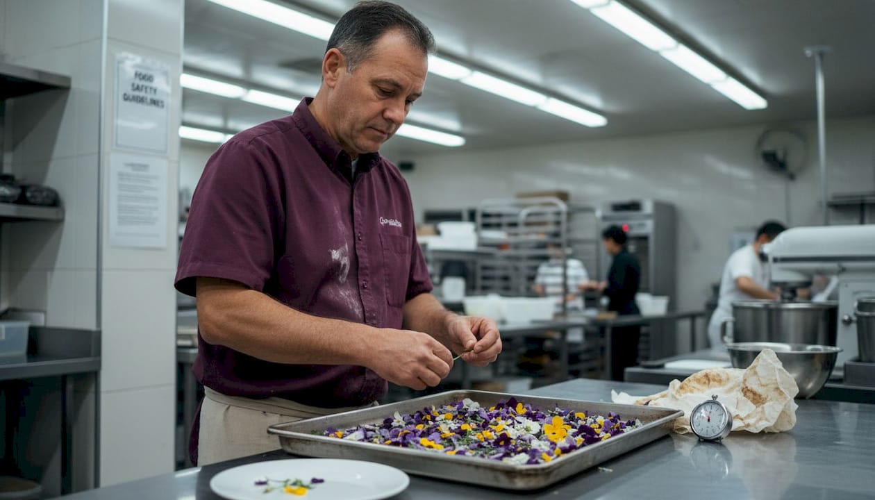 Preparing edible flowers in bakery kitchen