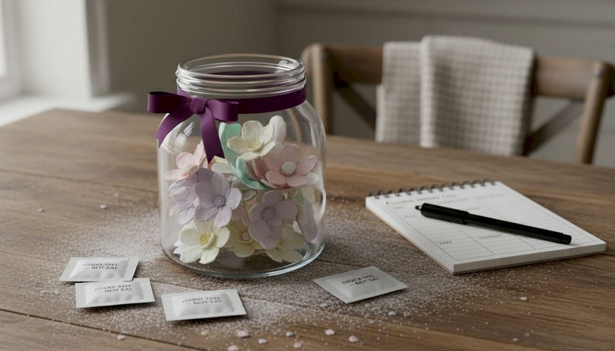 Glass container with sugar flowers and silica gel
