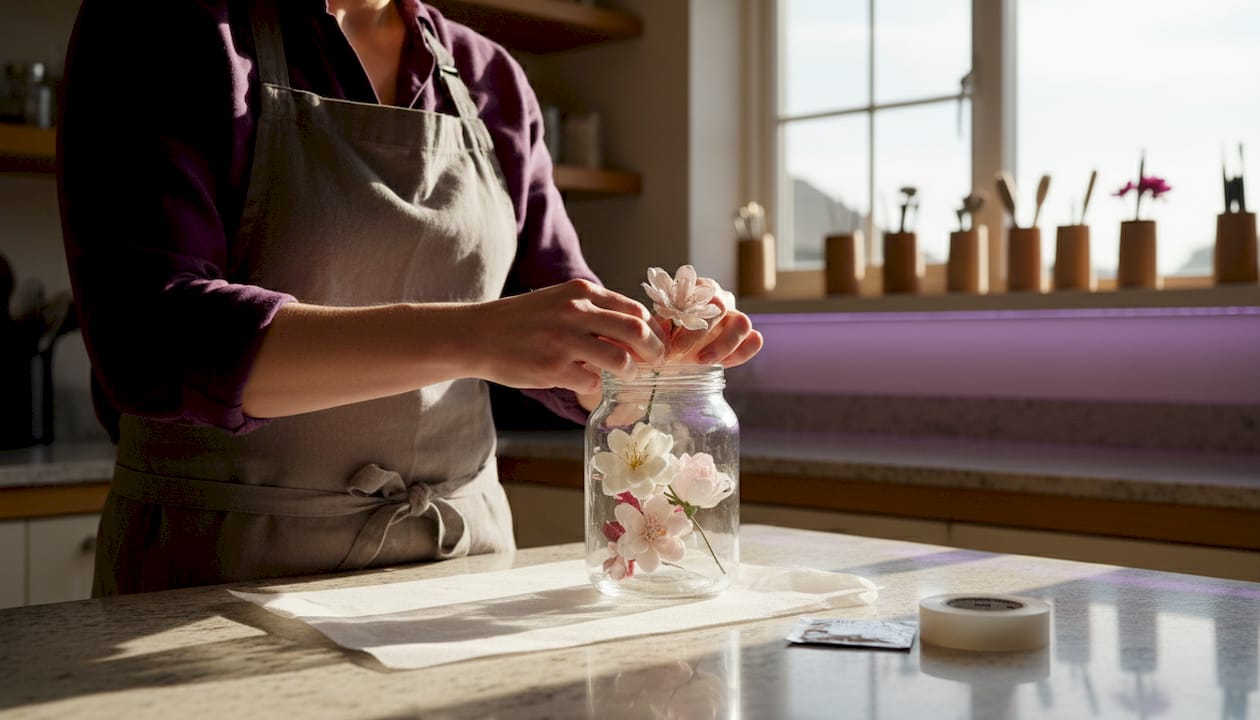 Baker storing sugar flowers in glass jar