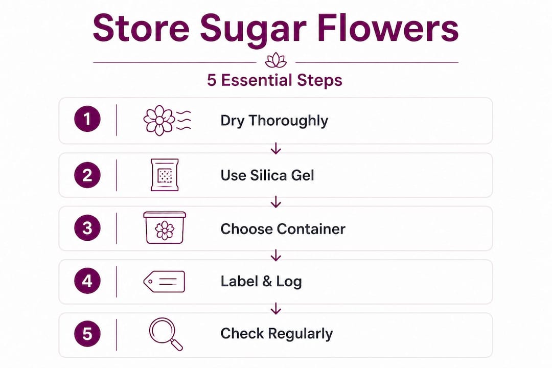 Infographic showing 5 steps to store sugar flowers