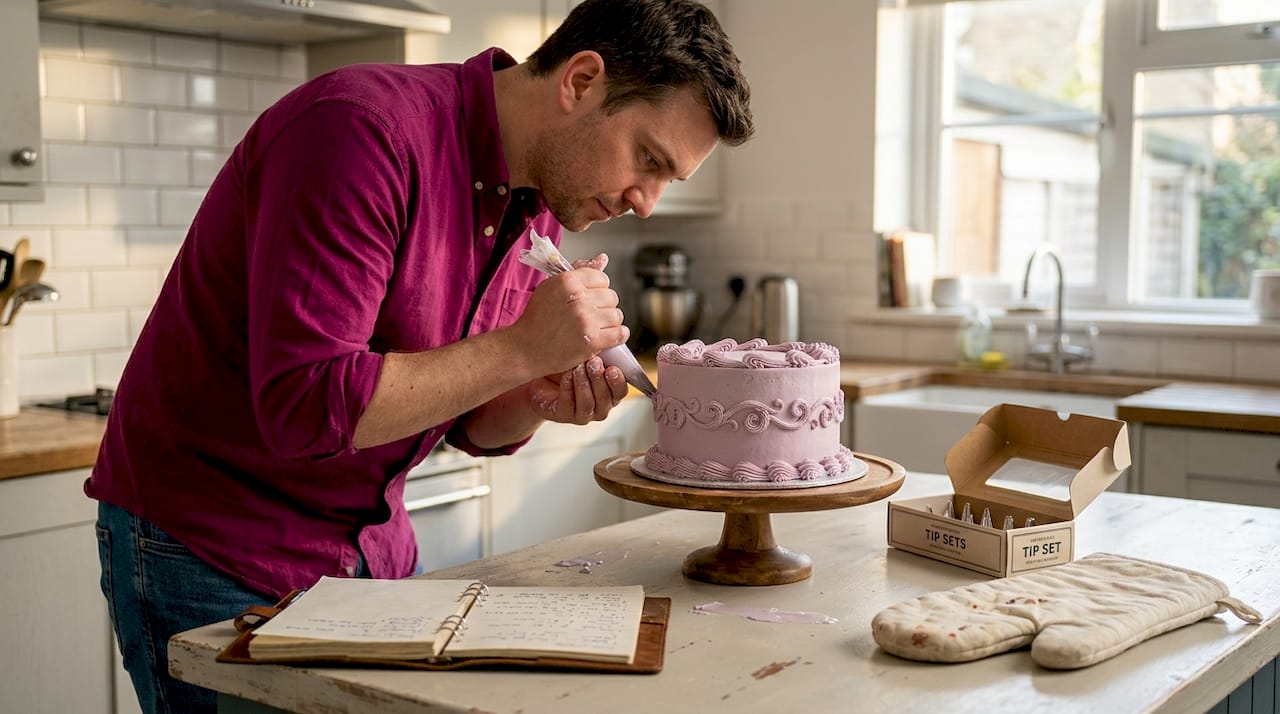 Baker piping pastel Lambeth cake at home