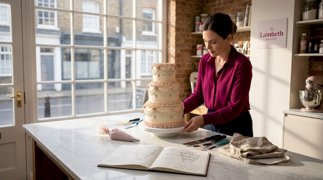Designer arranging Lambeth wedding cake in studio