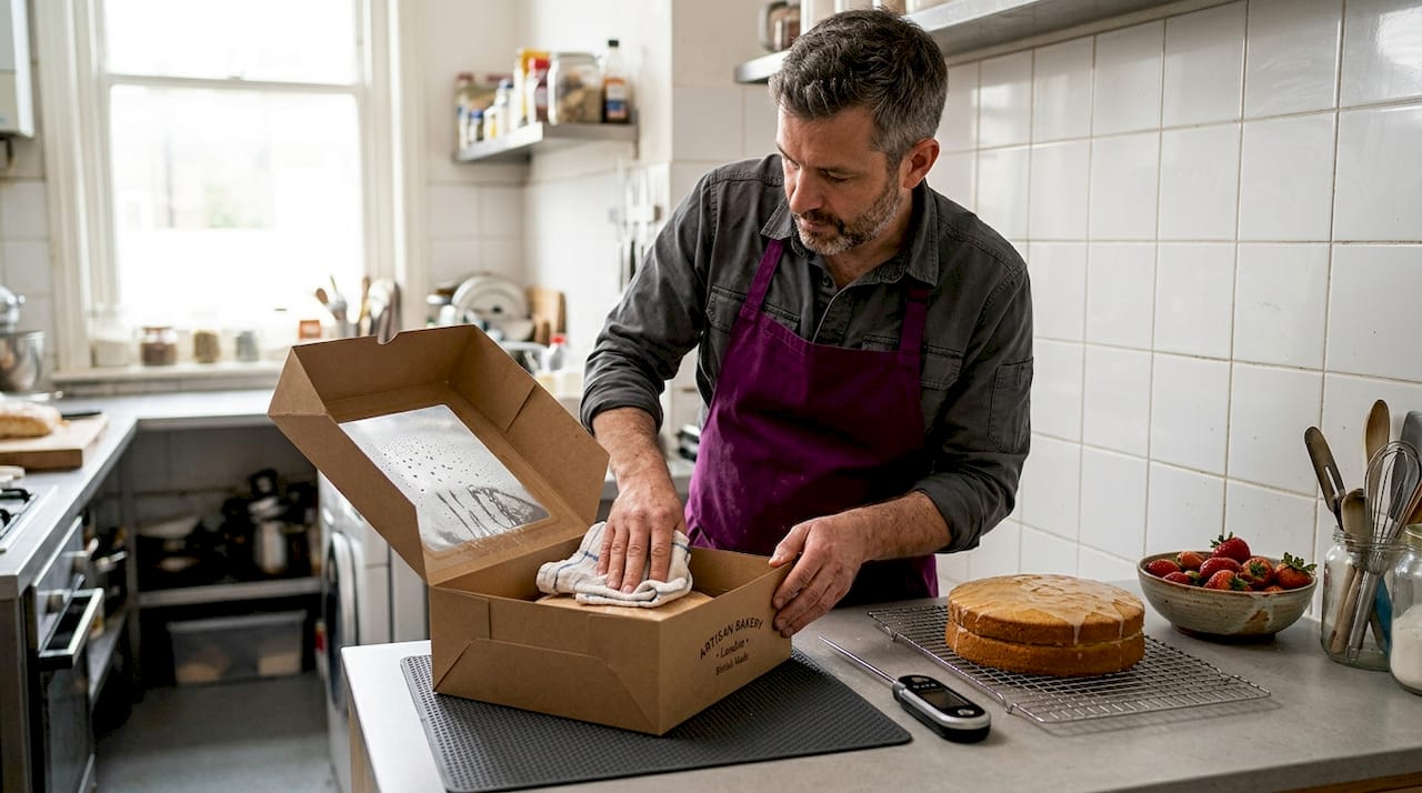 Baker prepping cake box for journey