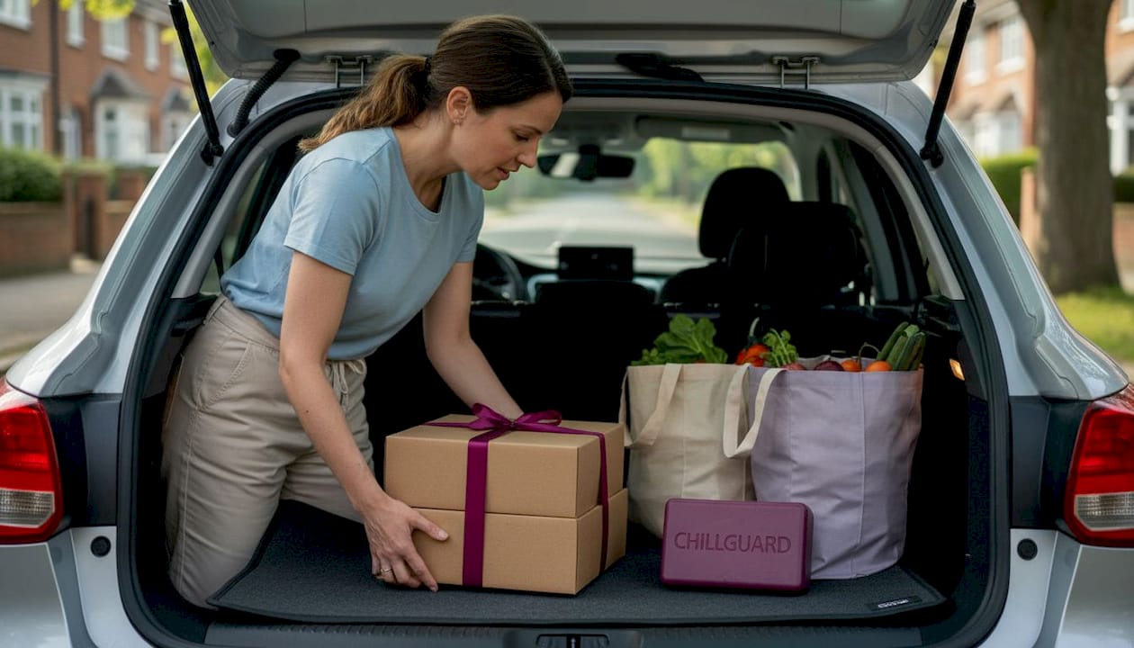 Woman loading cake box in hatchback