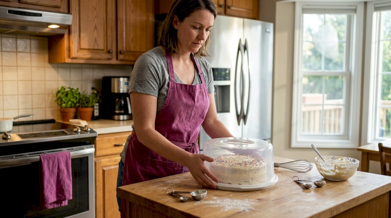 Woman storing fresh cake in kitchen
