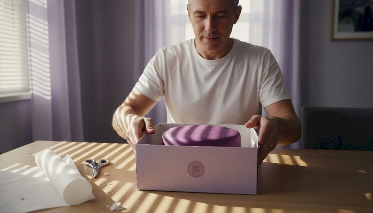 Man placing fondant cake in box