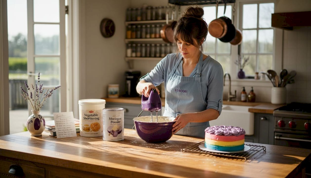 Baker mixing buttercream in sunny kitchen
