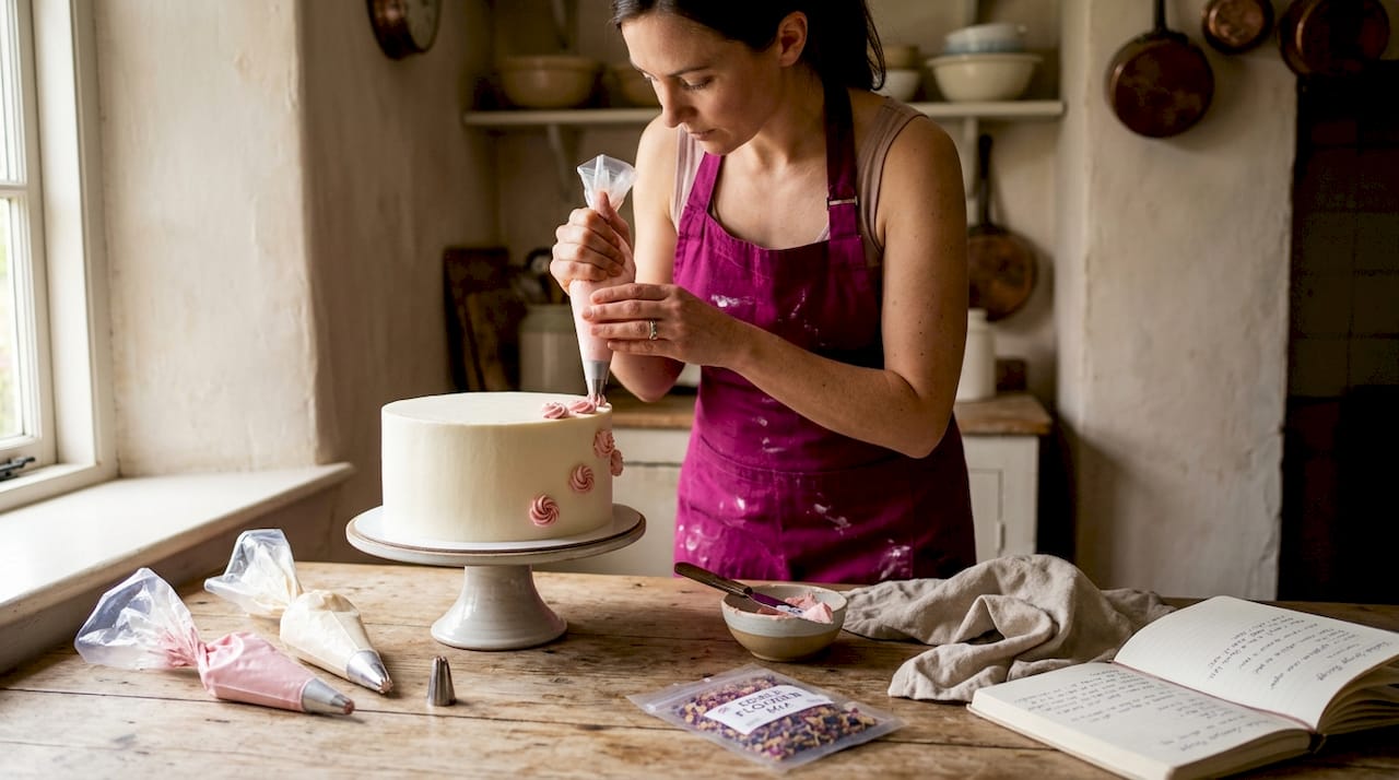 Baker decorating cake at home kitchen island