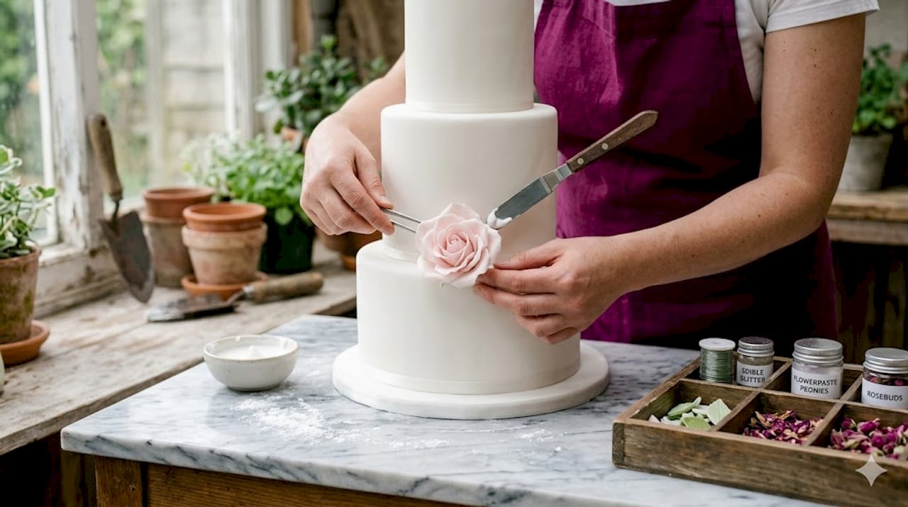 Hands attaching flower decoration to cake