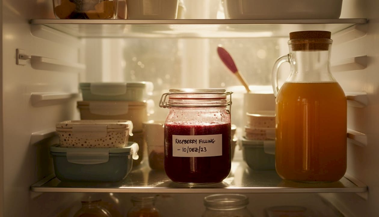 Raspberry cake filling stored in fridge container