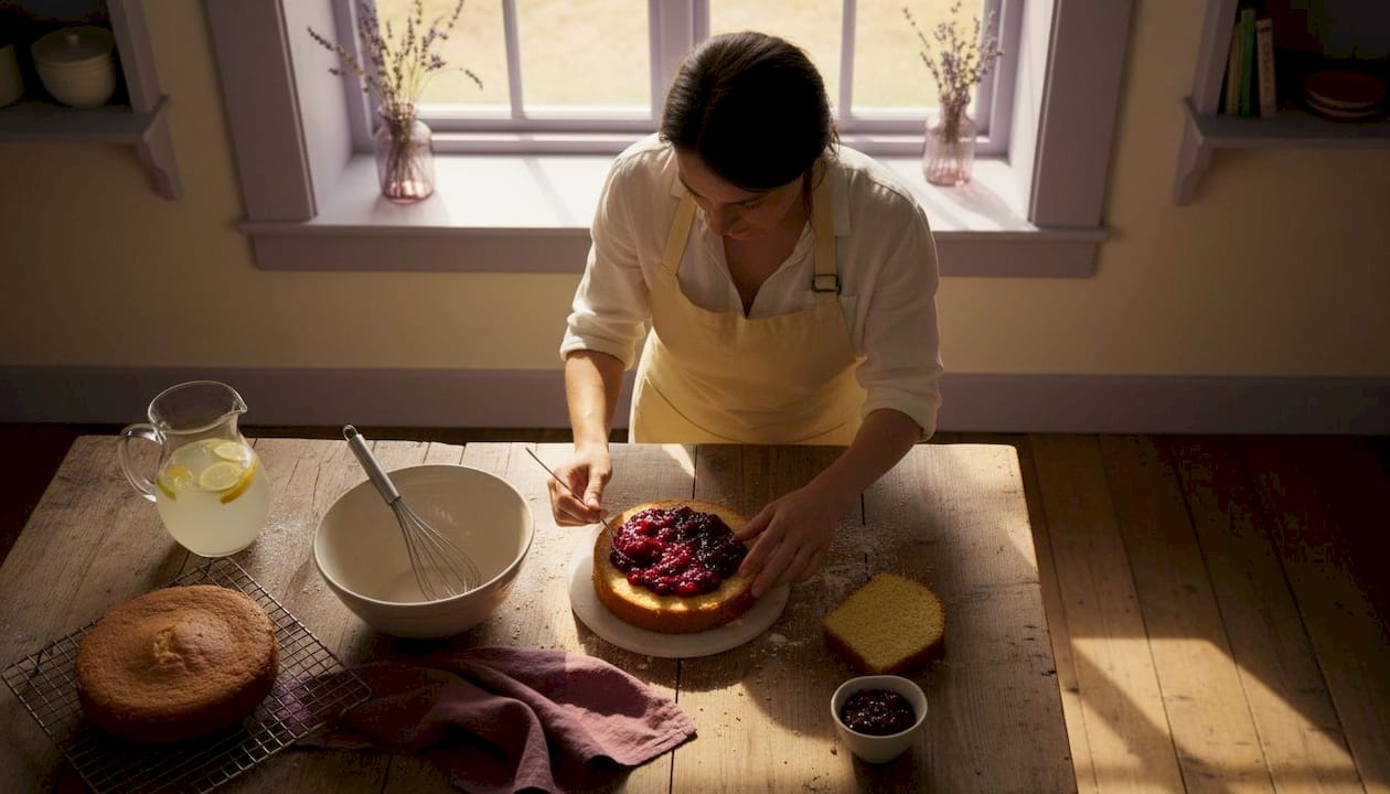 Home baker assembling sponge cake with fruit filling