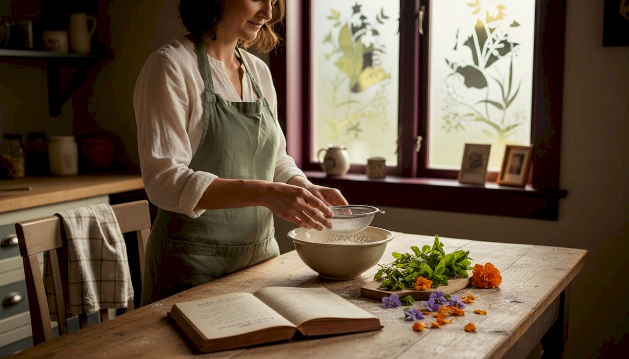 Home baker preparing with edible plants